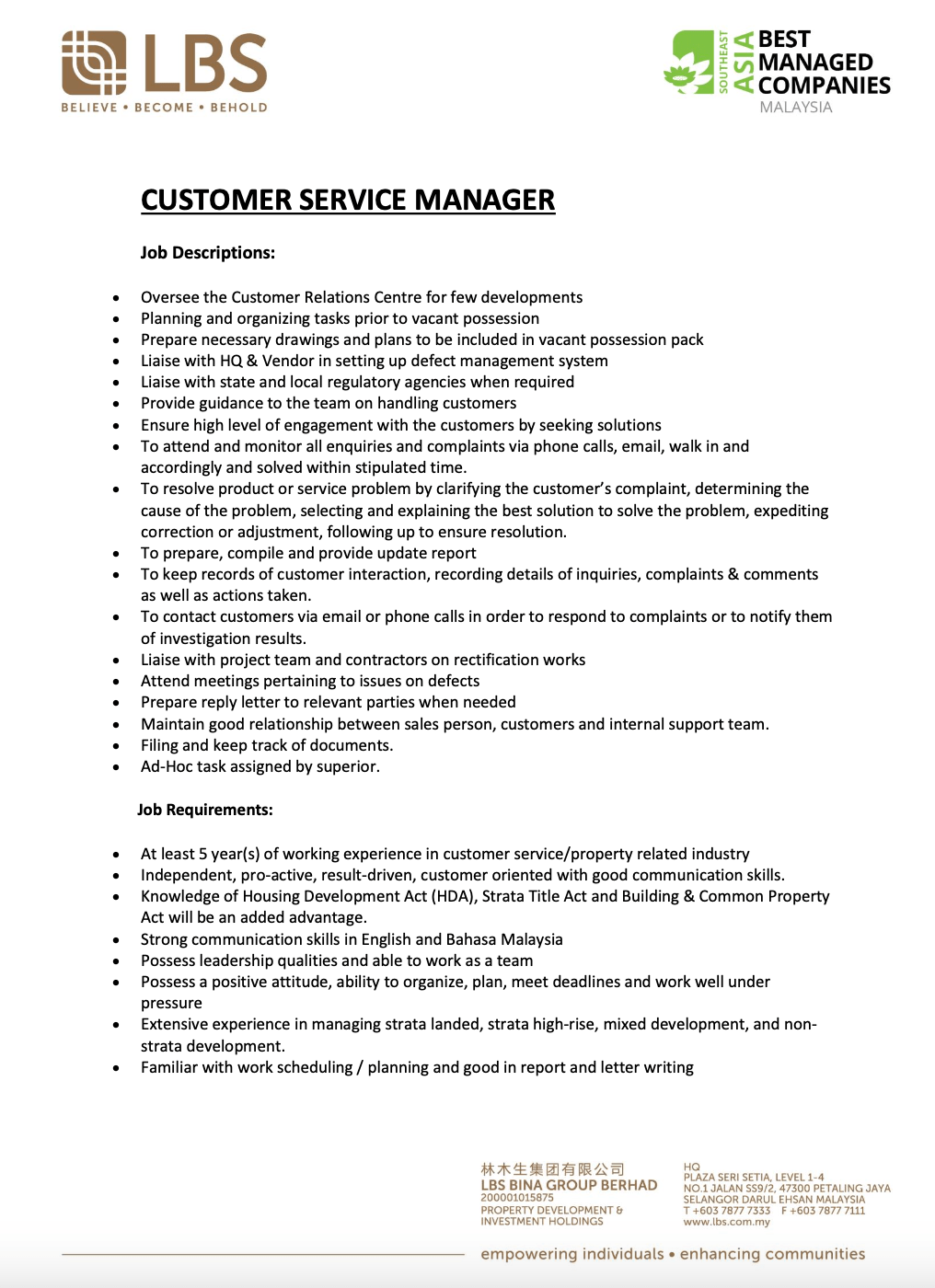 Customer Relations Manager 
