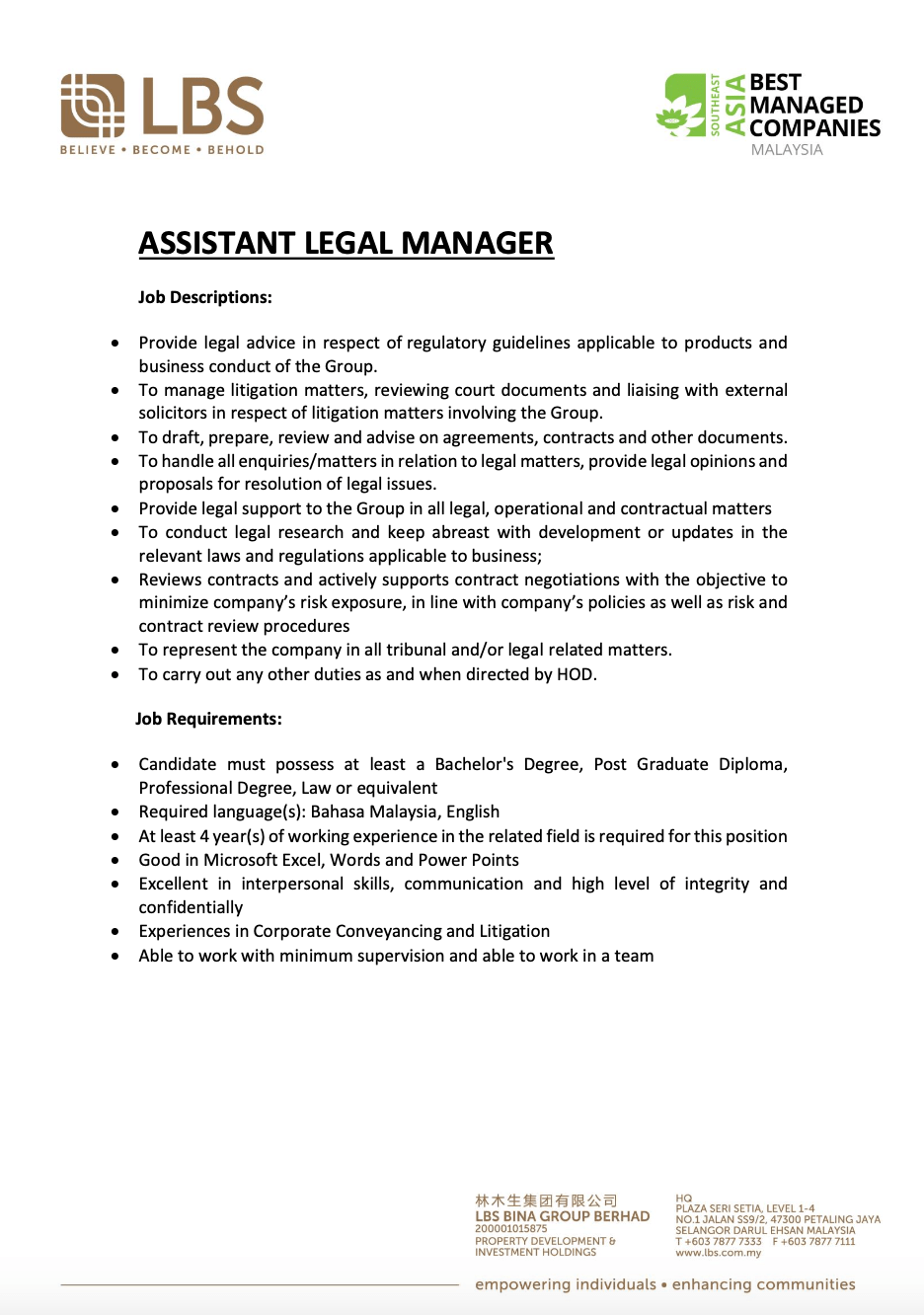 Assistant Legal Manager