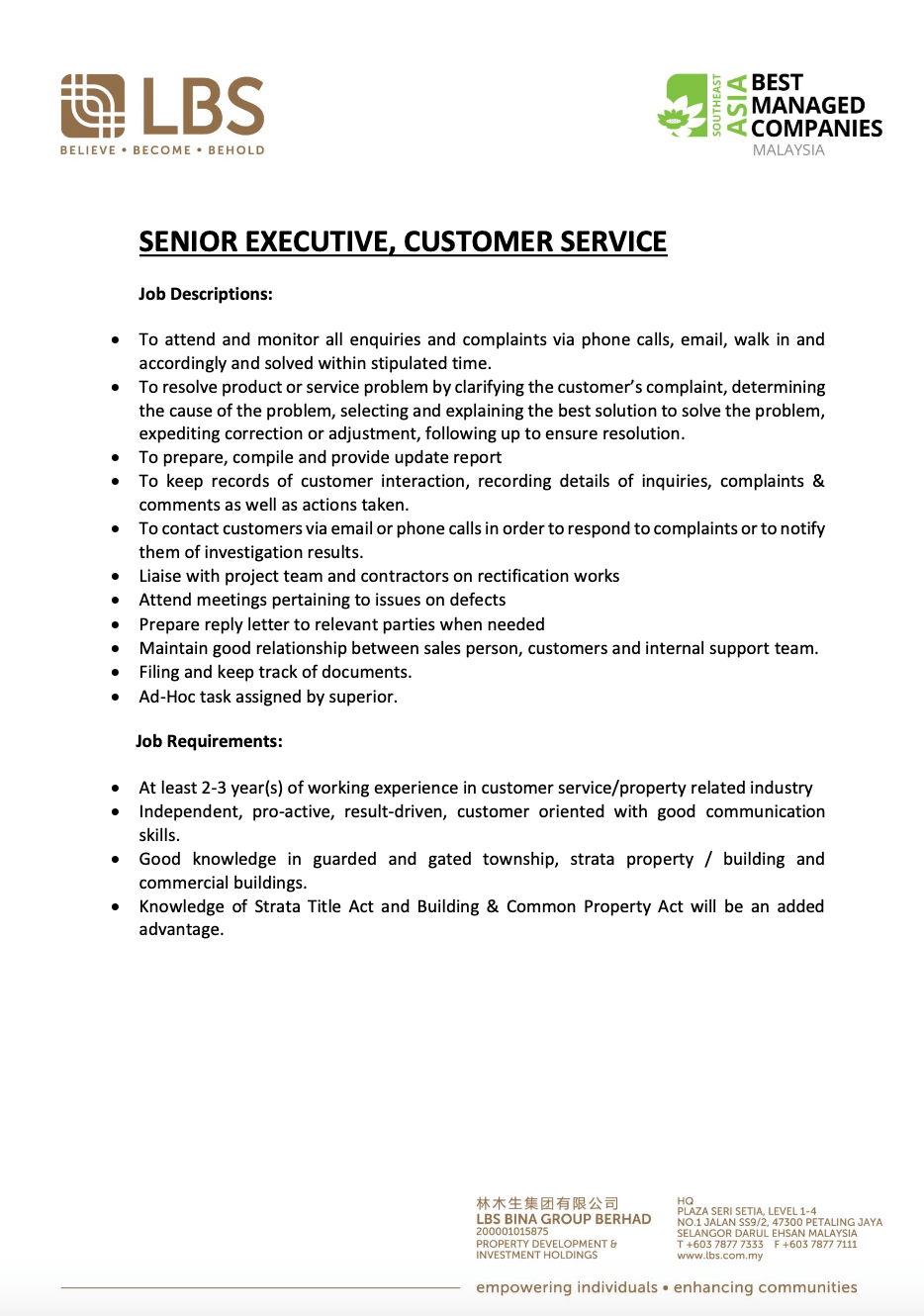 Senior Executive, Customer Relations 